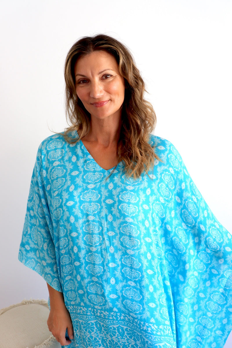 Short Kaftan With Tassels In Sky Blue