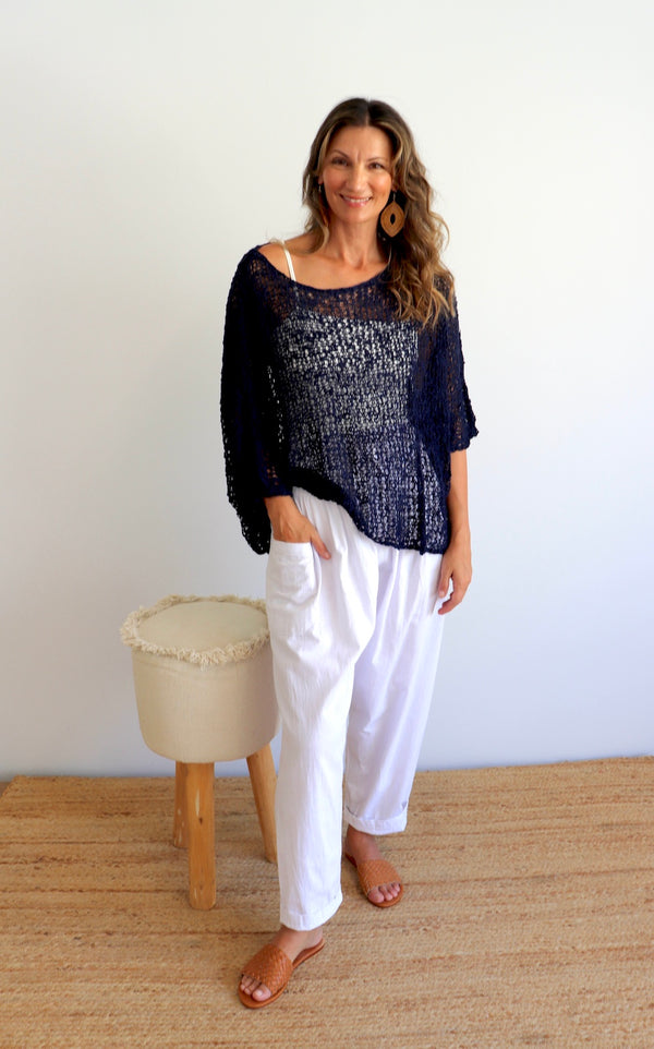 Travel Overlay Knit Top in Navy