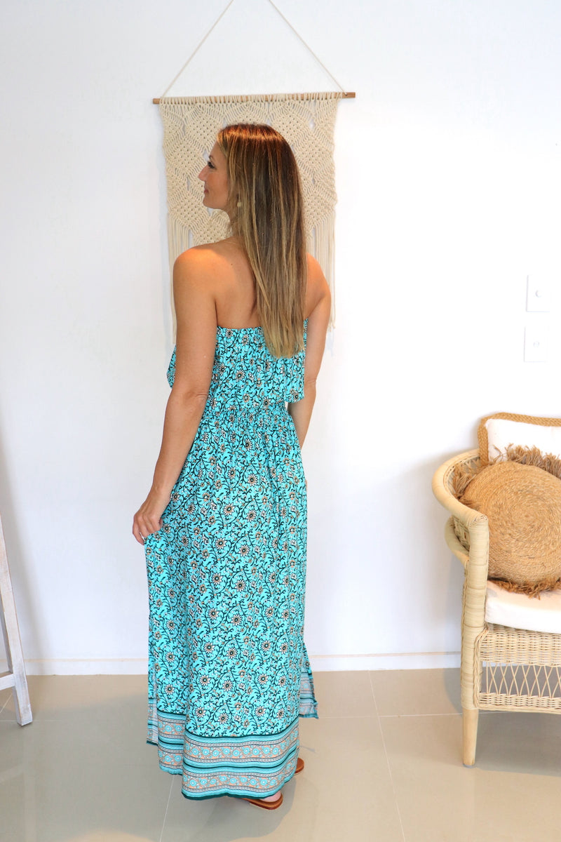 Daytripper Tube Maxi Dress In Cottage Vine Aqua