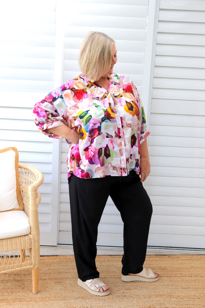 Monet Button Back Bishop Sleeve Top