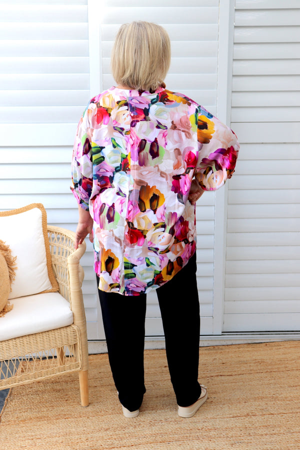 Monet Button Back Bishop Sleeve Top