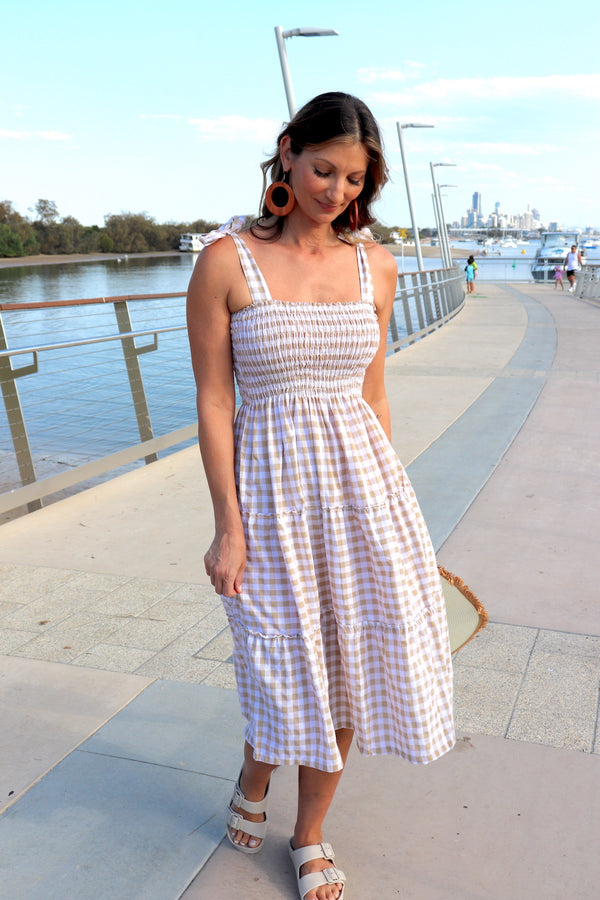 Harbour Midi Dress in Gingham Taupe