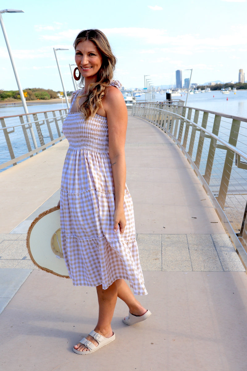 Harbour Midi Dress in Gingham Taupe