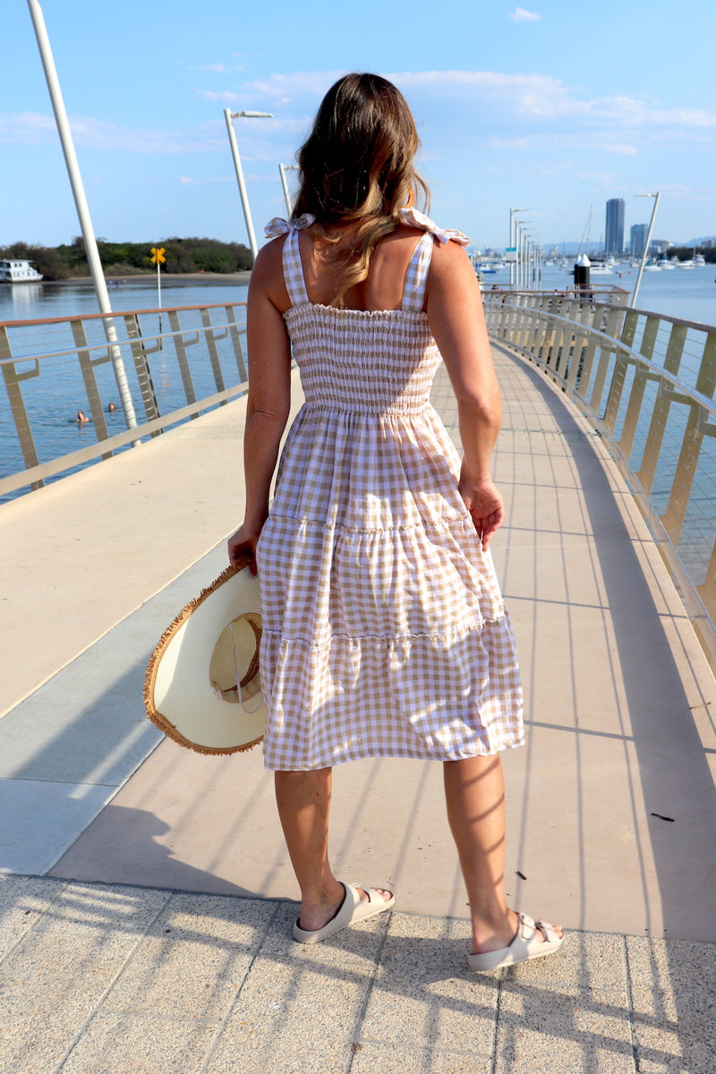 Harbour Midi Dress in Gingham Taupe