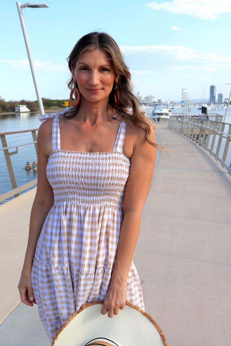 Harbour Midi Dress in Gingham Taupe