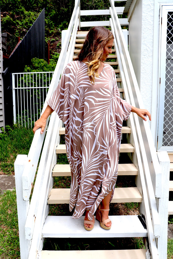 Long Kaftan In Taupe Vine