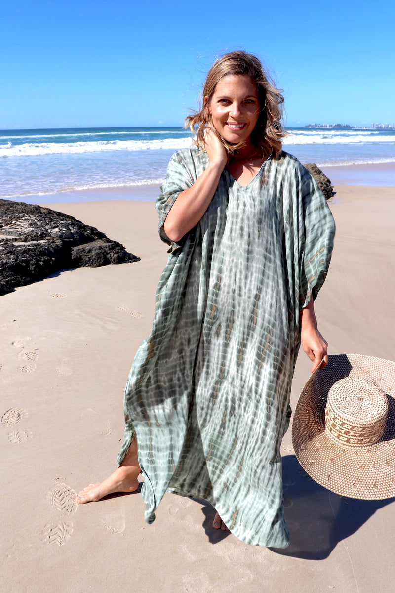 Long Kaftan In Olive Raindrop